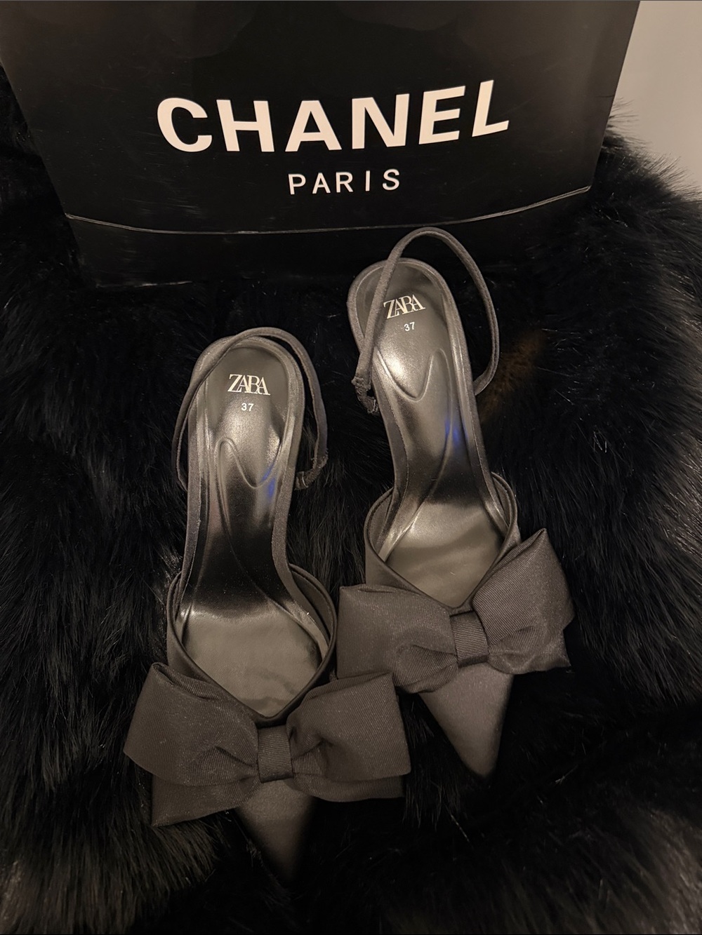 Zara Black Bow Pointed Slingback Heels